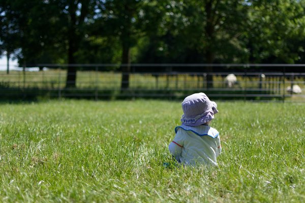 Ein Kind sitzt auf einer grünen Wiese